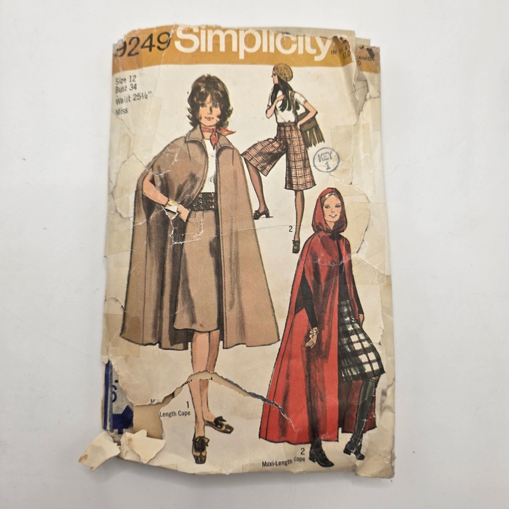 Simplicity 9249 Sewing Pattern 1970s Hooded Maxi Cape Gaucho Pants Size 12 Retro